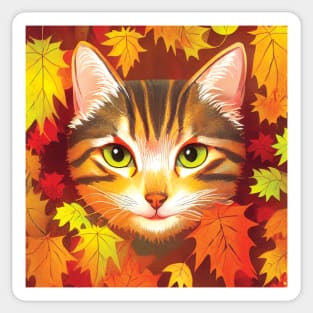 Tabby Cat in Autumn Leaves Sticker